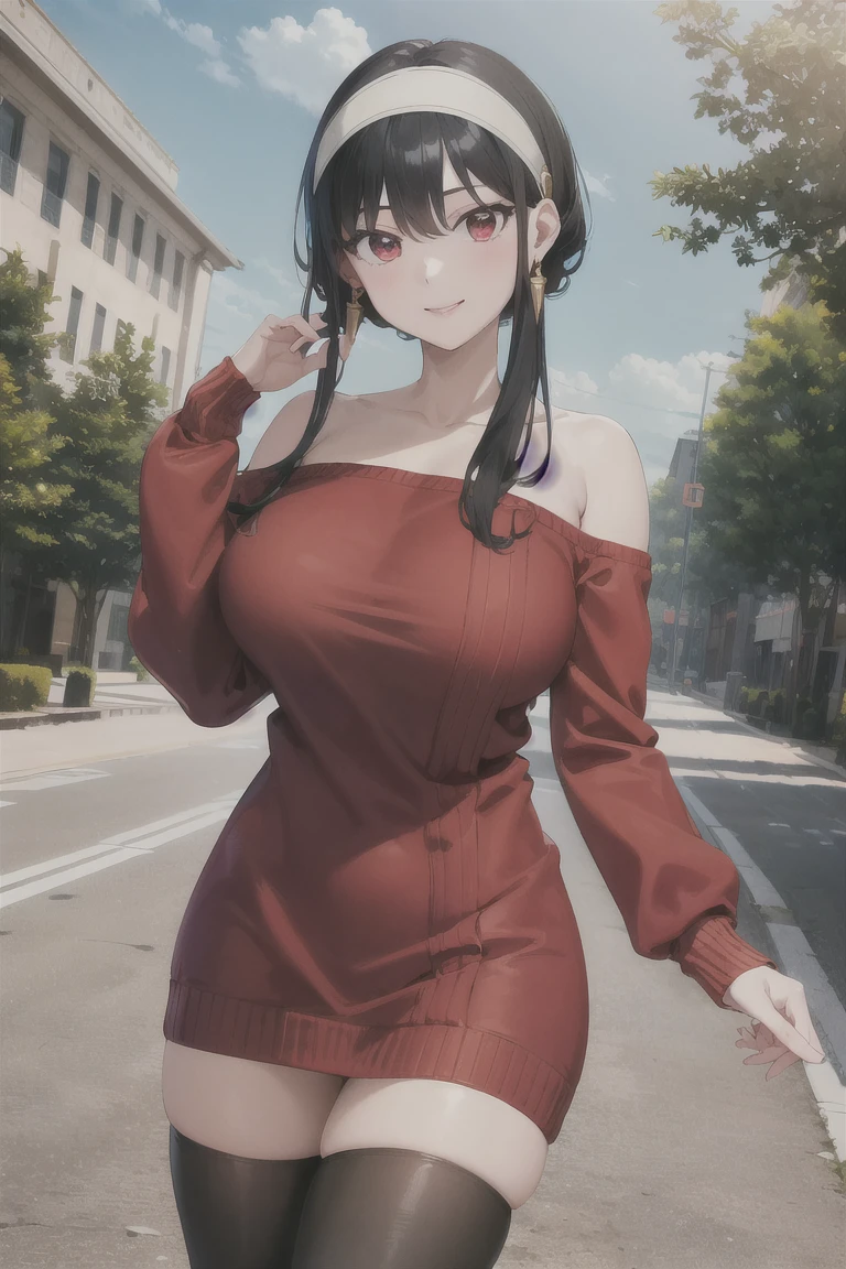 masterpiece, best quality, highres, bbyorf, short hair with long locks, white hairband, red eyes, gold earrings, large breasts, jewelry, off shoulder, red sweater, sweater dress, long sleeves, black pantyhose, <lora:yor_forger_v1:0.8>, outdoors, standing cowboy shot, smile, open mouth, hand on hip,