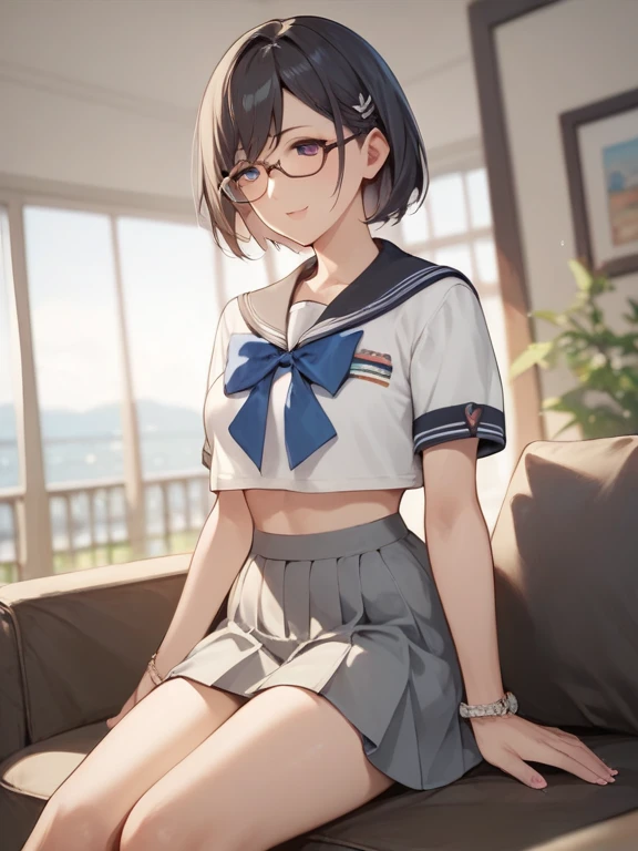 highest quality、Realistic、female、14 years old、zoom、Chestnut Hair、Blue Eyes、short hair、athlete、White polo shirt、White pleated skirt、athlete、muscle、Abdominal muscles、Glasses、Sunburned、Tan、Brown Skin、From below、Jump、smile、Looking down、、Small breasts、Bust Shot、