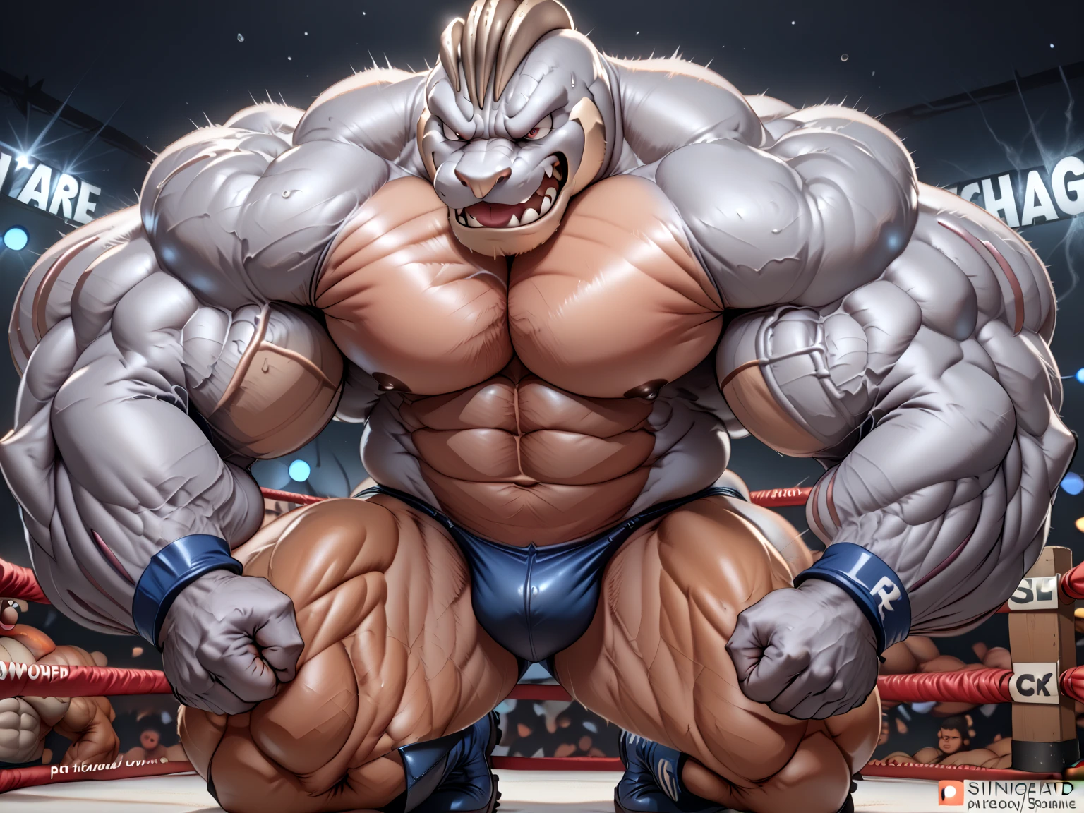 Magazine cover. solo, 1boy, perfect anatomy, ground view, wrinkles skin, high shoot, down view, perfect proportion, huge horn, sharp teeth, tusk, sharp eyes, big eyes, angry, red eyes, horn, devil tail, mad, perfect fingers, big hand, fingers. Huge Muscular Old man with short hair, shoes ,(white shorts), view from side, pectoral, thick arms, huge pectoral, wide pectoral, white hair, white beards, simple background, masterpiece, semirealistic:1.2, high detailed, 8k, high resolution, perfect center, full view. ((really big muscle, massive muscular, sixpack, thick arms, wide pectoral, super huge muscle, hyper muscular, over sized muscle, huge arms, big arms, huge pectoral))