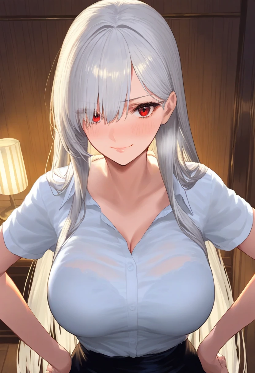 masterpiece, best quality, manhwa-artstyle, 1girl, solo, breasts, cleavage, long hair, white hair, looking at viewer, sweat, red eyes, large breasts, nude, collared shirt,