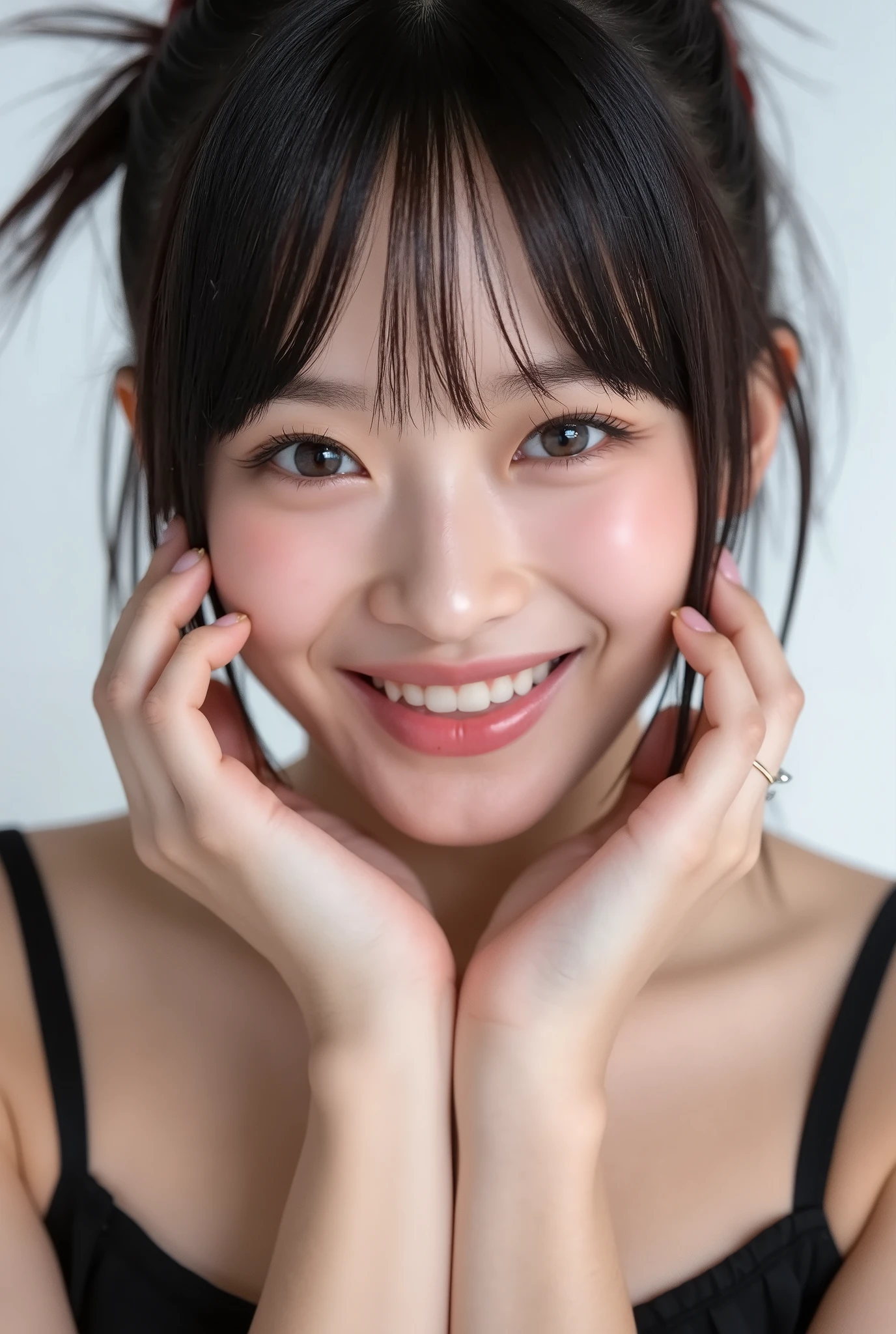 An extreme ultra close-up, hyperrealistic portrait of an overwhelmingly beautiful young Japanese woman, photographed in immaculate cinematic soft light. Her face fills 95% of the frame, captured in exquisite high-resolution with ultra-fine skin texture, visible pores, soft translucent peach fuzz, and a natural glossy finish like a luxury cosmetic advertisement.
Her expression is melting with affection, bashfulness, and uncontainable giddy euphoria. Both hands gently cup her flushed cheeks, fingers delicately curled and slightly open, as if trying to physically hold back her overwhelming feelings. Her deeply blushing cheeks radiate emotional warmth.
Her lips are parted in an uncontrollable, dopey smile — the corners stretched wide in a goofy grin. Her upper teeth are clearly visible, shown through a relaxed, helpless smirk that radiates silly joy and lovestruck amusement. It's the kind of grin that says she just can't stop smiling. The mouth glistens slightly with moisture, the smile loose and breaking down into total affection.
Her large, misty eyes are the emotional core: subtly out of alignment from each other, softly glazed and unfocused as if in a dreamy trance. She gazes downward slightly, with a vague, love-drunken look—lost in affection. Her irises are layered with multi-dimensional sparkles, including **multiple faintly floating heart-shaped catchlights** in different depths of her pupils and lens reflection. They shimmer with crystalline inner structure and glowing rainbow reflections, giving her a spellbound, otherworldly charm.
Her head is slightly tilted forward, chin tucked in, posture leaning toward the viewer in a vulnerable and affectionate gesture. Her gaze, though unfocused, still magnetically pulls toward the viewer with a blissfully dazed grin.
She wears a black camisole with one strap barely clinging to her shoulder, softly slipping, visible in soft peripheral blur. Background is pure white with dreamy bokeh; depth of field is extremely sha