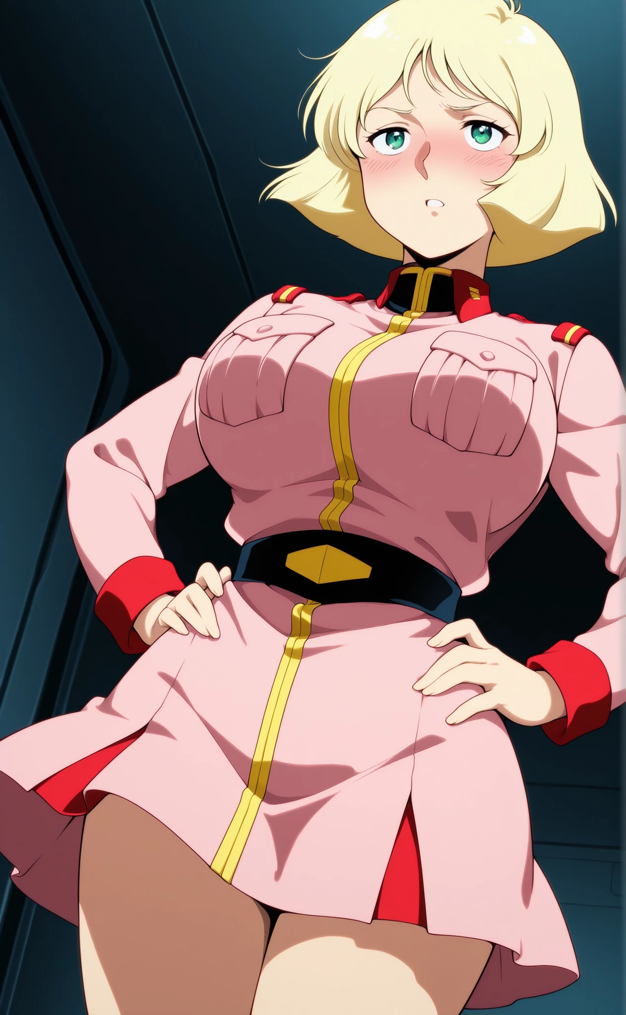 general,high definition, Super Detail,very aesthetic,Highest Quality ,best arm,best eye,easynegative,viewed from the front、cowboy shot、An even more embarrassing expression、blushing、
dynamic angle, Dutch angle, ANIMATION COLORING,anime screen cap,viewed from below、
1 woman,,spaceship, place your hands on your hips,
Saila Mass,blonde_hair, short_hair, green_eye, huge_chest,pink military uniform,lifts the skirt、with Hein、Skirt Flip、