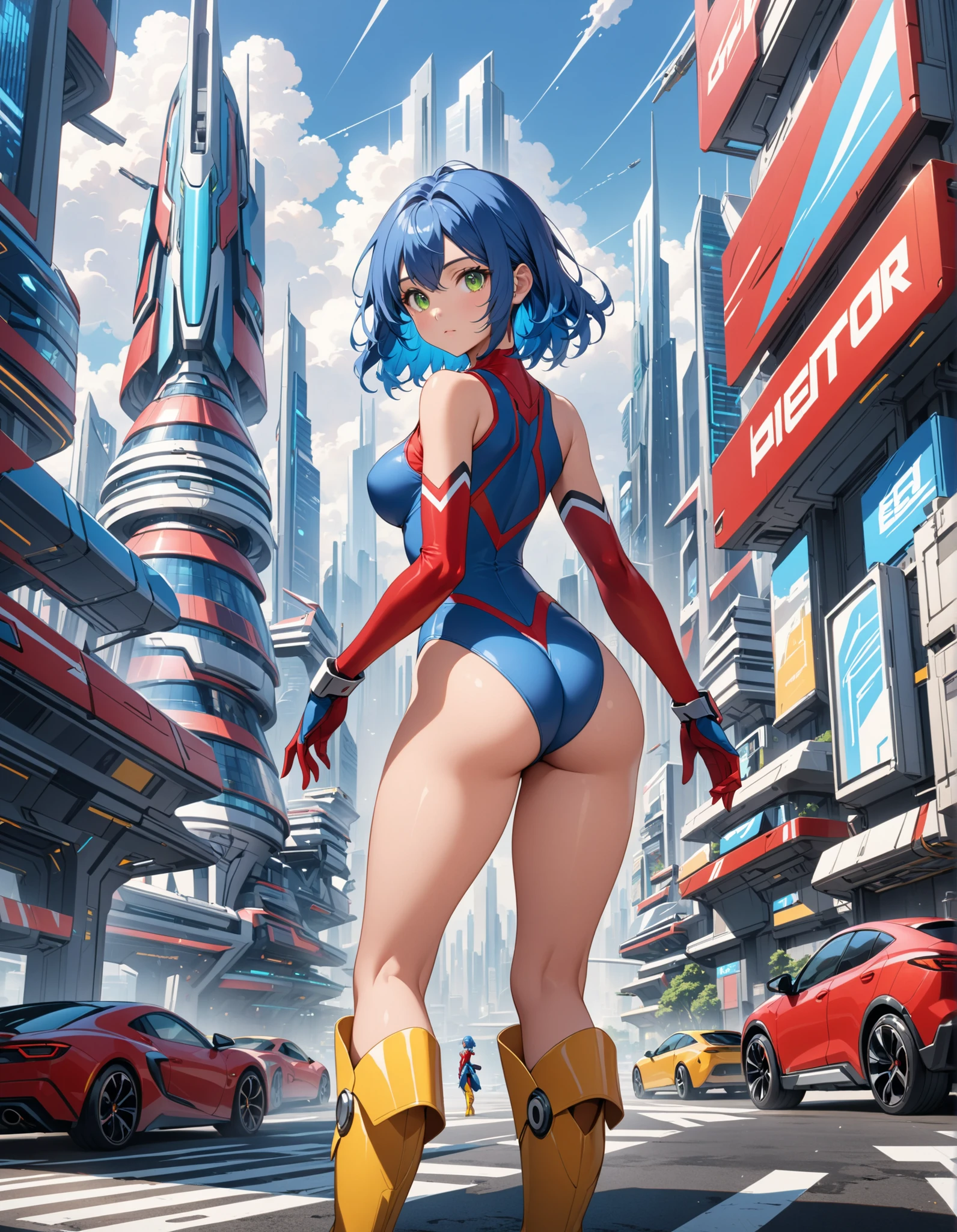masterpiece, best quality, highres, 1girl, solo, superhero, red leotard, bare legs, red boots, matching boots, aura, blue aura, sleeveless, red gloves, bracelets, matching gloves, looking at viewer, light particles, city backdrop, perfect hands, perfect eyes, powering up, perfect leotard, perfect legs, perfect arms, perfect fingers, light blue and dark green leotard, green hair, aquamarine eyes, medium breasts, short hair, bob hair, blue skin, light sprinkles, standing, hands on hip,