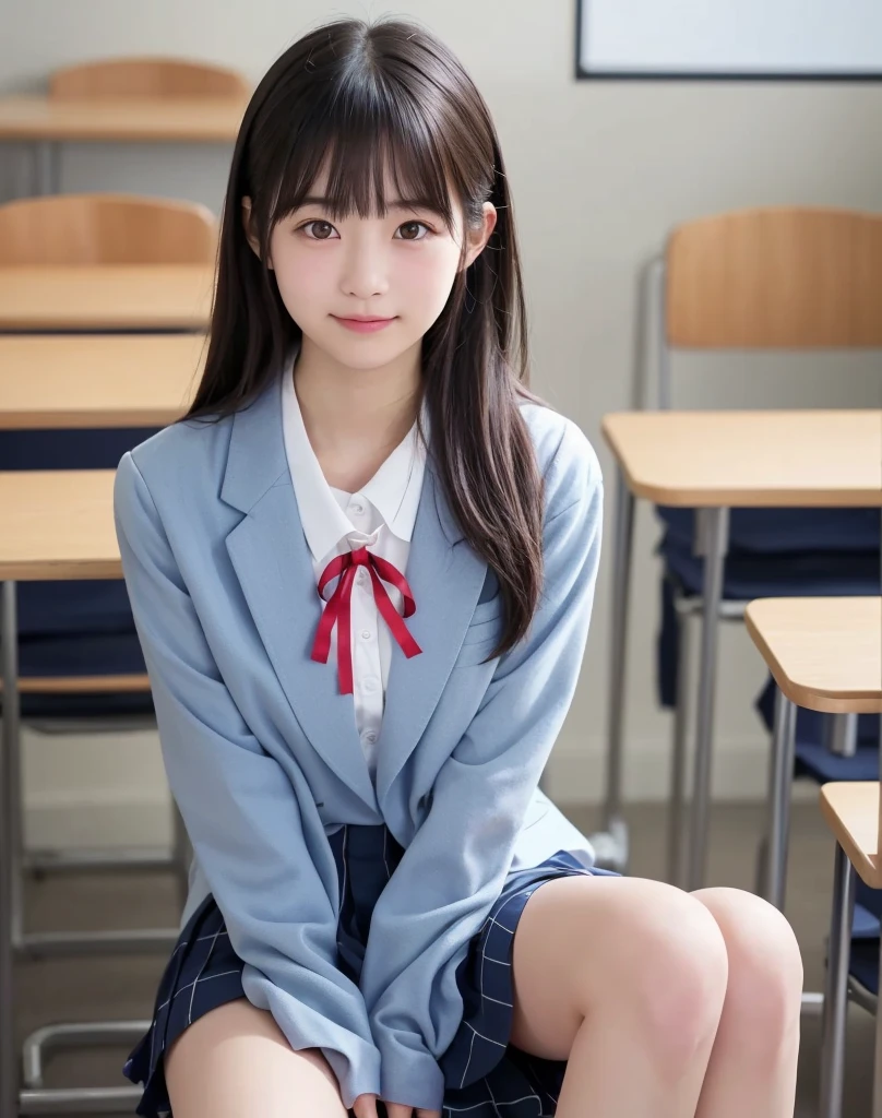 Highest quality、High school girl sitting on a chair、uniform、Knee-length skirt、tights、loafers、Full body photo、 Light brown hair、smile、Beautiful teeth alignment、、Intricate details, Very detailed:1.2), 、 Looking into the camera,The background is the classroom