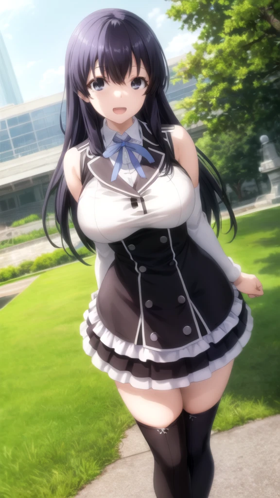 最high quality, high quality, Super detailed, 16K, Ultra-detailed details, pretty girl, alone, beautiful purple hair, Beautiful purple eyes, Big Breasts, A light smile, Summer clothes, Summer Maid clothes, I'm lifting my skirt, Blue and white color striped underwear(Showing her underwear under her skirt), My crotch is wet with love juice, {{A succubus who falls in love with a man steals the facial skin of the girl he loves, transforms her face into that of a girl, and serves the man as a maid.}}, Full body image, NSFW