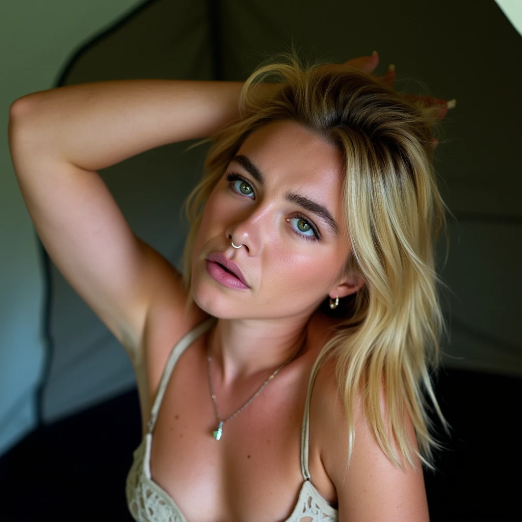1 woman, American, beautiful, blue eyes, honey coloured hair,((upper body selfie, happy)), Filming in a tent, Beautiful backlight, Tent Open Sign,Masterpiece, Best Quality, Ultra-detailed, Solo, exteriors, (natta), mountains, Nature, (sao, the moon) cheerful, happy,, Cosy in a sleeping bag, Inside the tent, When you open the tent, You can see some nice horsemen outside.., woods, rock formations, rivers, wood, smoke, shadowy, contrast, clear skies, analog style (looking up at viewer:1.2) (skin texture) (film grain:1.3), (warm hue, warm tone:1.2), close-up, Cinematic light, Sidelighting, The ultra-Highres, best shadows, ..raw, upper half body, wearing lingerie, Relaxed and intimate photos, blonde hairs,