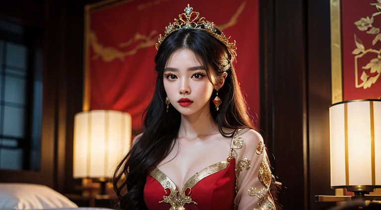 Young woman in red dress sitting at a table with a vase of flowers, Beautiful Fantasy Empress, Red-haired queen in heavy red armor, Red-haired goddess, ((Beautiful Fantasy Empress)), Trending on cgstation, Beautiful, charming anime women, anime goddess, Ruean Jia and Art Germ, Woman in Red Armor, Beautiful Tang Dynasty Performance