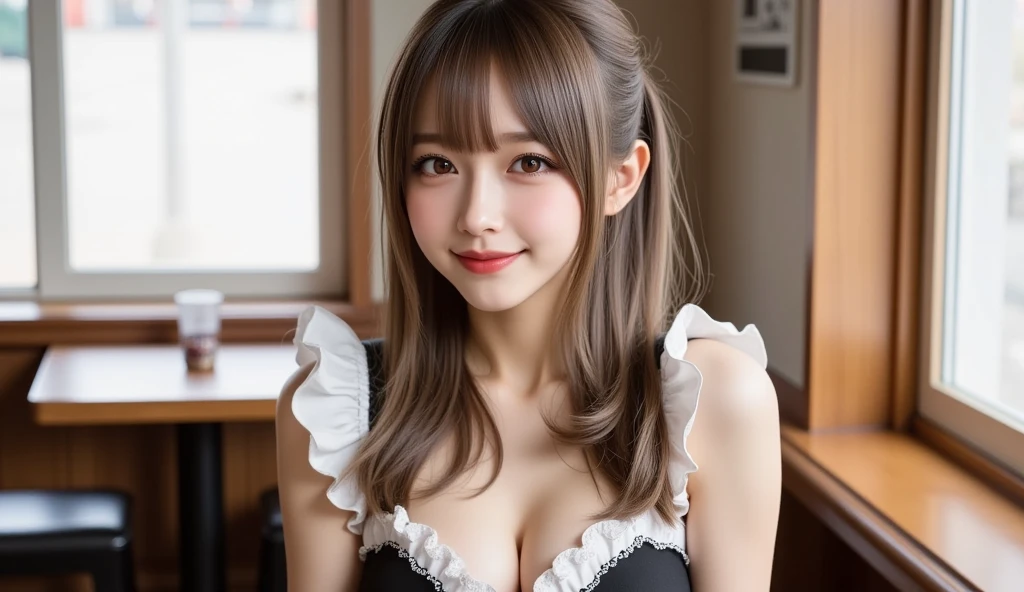 19 years old child, big round breast, (Osaka street:1.3), (nude inside:1.3), show your big round breast, Show your thighs, ((updo hairstyle, Dark blonde hair, wavy hair, long hair, asymmetric bangs:1.2)), (blush:1.3), (light smile:1.3), masterpiece, Best Quality, Illustration, Ultra-detailed, finely detail, hight resolution, 8K Wallpaper, Perfect dynamic composition, Beautiful detailed eyes , (wearing Cotton Maid Costume, Cute Ruffle Girl Dress, maid headband, color base on white black blue),
