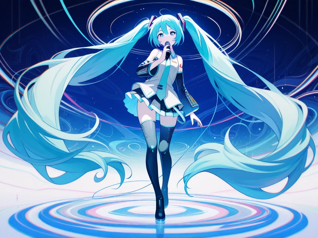 (Hatsune Miku,Light blue hair,Twin tails,No sleeve,tie,mini skirt,socks),((Blue is the predominant color)),(Shining futuristic city at night,Night view,Cyber World),(Dynamic pose,Standing on a glass stage,Cool look,singing,Holding a microphone)