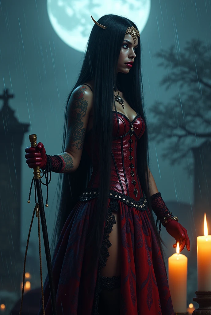 Woman with black painted skin, white torn dress with blood, Red eyes, black shirt and waist corset