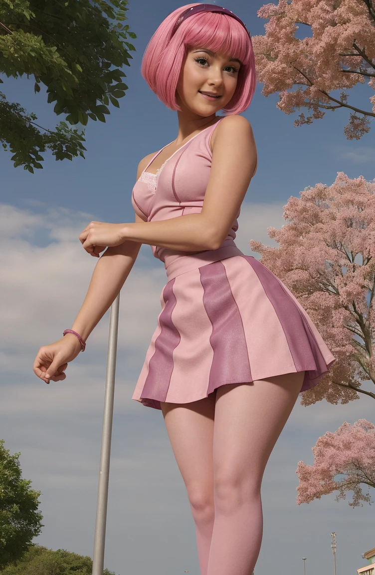 masterpiece, best quality, absurdres, best illustration, illustration,  1girl, looking at viewer,  stephanie(lt), pink hair, purple hairband, pink clothes, pink dress,   standing, contrapposto, upskirt focus view, pink striped panties, skirt lift,