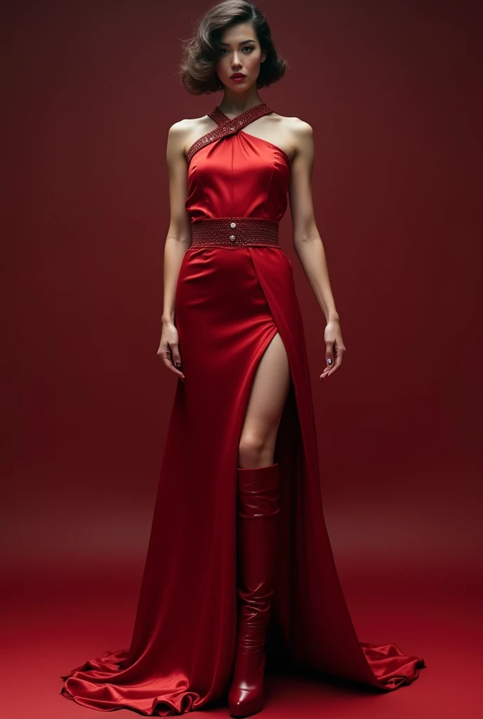 An alluring woman shrouded in a 4-meter-long, plush red satin cloth, tightly bound and grandly draping along the form of her body, flowing off into a pooled floor-length train, styled in a mermaid-inspired outfit, half naked, leg and arm tied with satin cloth, wear high heels, her head modestly veiled in a satin hijab, shiny fabric, a full-body pose conveying a sense of mysterious elegance, captured in a 4k resolution, ultra-realistic