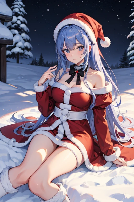 Highest quality, masterpiece, figure, wallpaper,One girl, Light Hair, Beautiful detailed girl, Highly detailed eyes and face, Beautiful attention to detail, Shine,Browsing Caution, View your viewers, night, Black Pantyhose, Straight hair, Red Eyes, Semi-long hair,beautiful light blue hair, Thighs, Large Breasts, Red eyes,beautiful finger, clear background, deep night, smile、Big earrings、bracelet、Gal、snow、smug face, Clothing Red coat、street、winter、outside、Are standing,　Black Skirt、Santa Claus