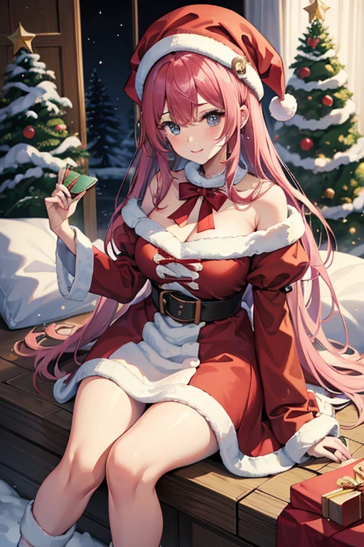 full body girl, cabello rosado, Cabello largo y lacio, ojos naranjas, pechos grandes, gafas, cinta para el cabello, Santa Claus clothes, falda, La Navidad tiene, Guantes, Botas, muslos negros, sonrojarse, La mejor calidad