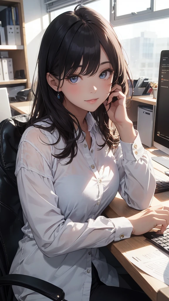 ((Biologically correct limb count)),((Natural finger shape)),((Full Body Shot,Including face)),Standing position,4K,masterpiece,((Focus on the face)),((Symmetrical facial features)),Eye for detailed depiction,Beautiful woman,Excellent style,Beautiful feet,(Small Ass,Thin thighs),(Patterned black stockings,High heels),Facial detailing,Small earrings,necklace,Low angle photo,((Yellow lace bra and lace panties,Lifting the skirt to reveal panties)),(A scene of a man sitting in a chair in an office and operating a computer:2),Strong sunlight,(((A facial expression of pleasure))),(((Lean your body back and sit on the ground))),(Face the camera),Photograph the side of the body,