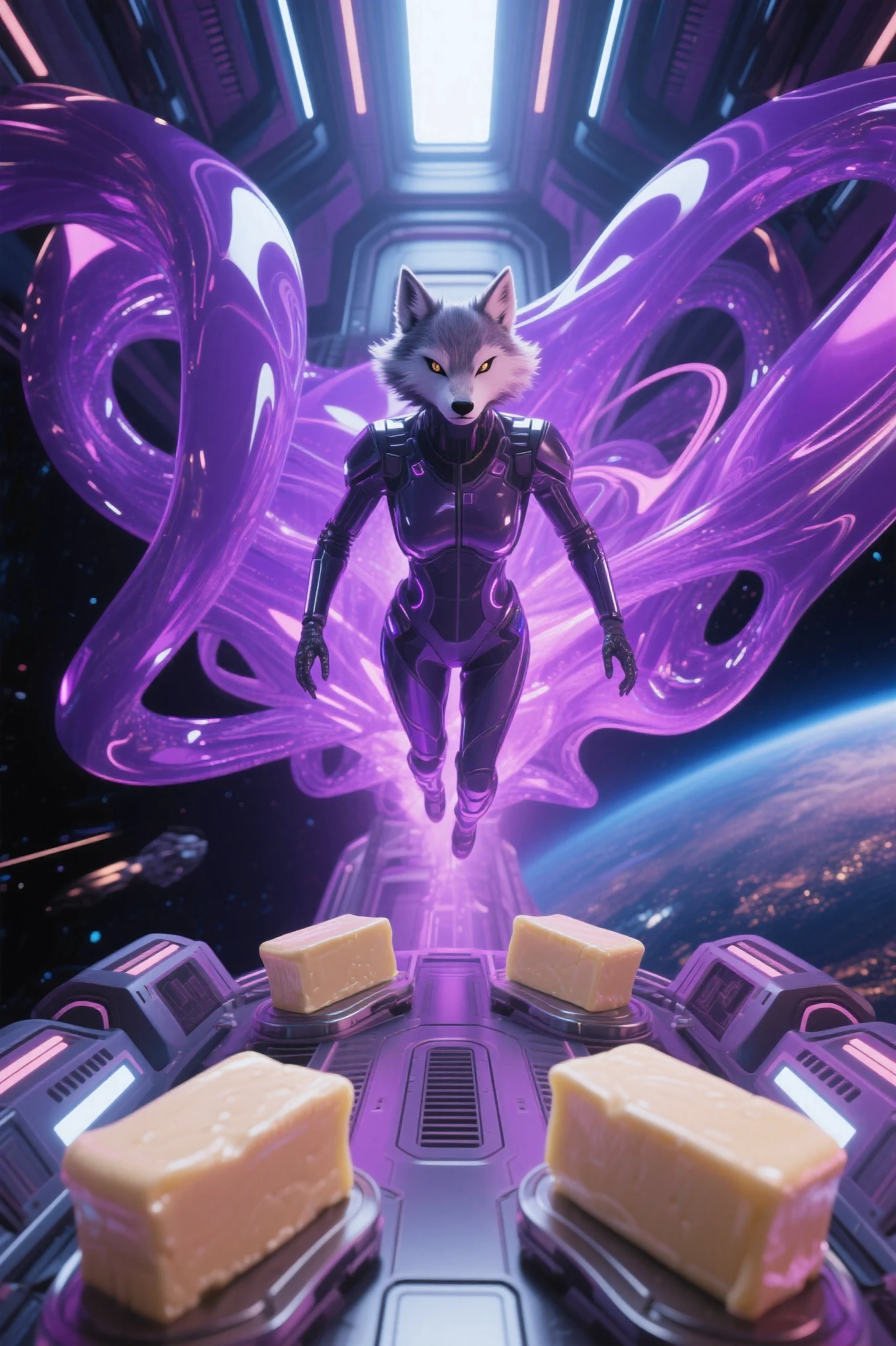 realistic, protogen, female, sitting in a spaceship control seat
