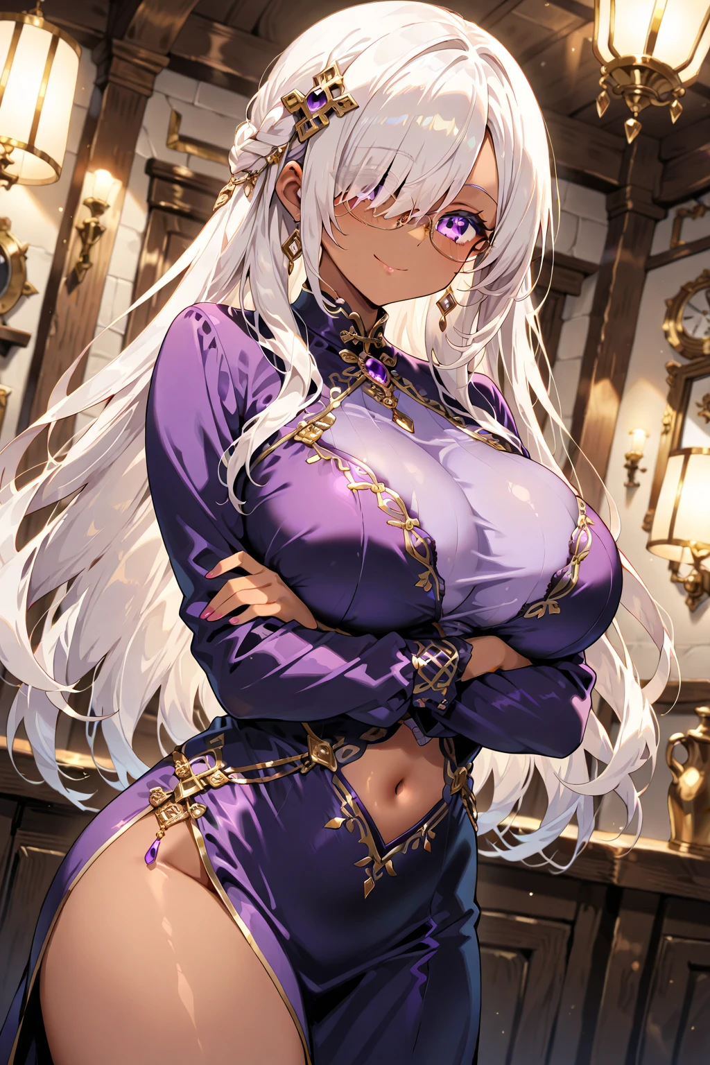 masterpiece: 1.2, (best quality), realistic, (real image, intricate details, 1 teenage girl in her early 30s, depth of field), (1 girl, solo), makeup, parted lips, highly detailed , perfect face, (above average breasts: 1.9), (skindentation), natural thighs, hips in proportion to the body, attractive waist, high and shiny coral lips, moderate musculature, (long white hair: 1.2), (beautiful bright gold eyes), attractive, imposing, inspiring, wearing pure black dress, Chinese oriental style dress, posing alone facing the viewer, background setting in Chinese oriental pavilion.