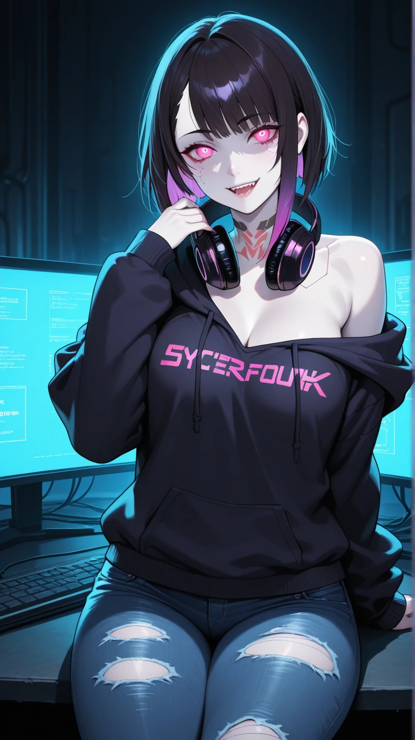 1girl, solo, long hair, breasts, looking at viewer, bangs, blue eyes, skirt, large breasts, thighhighs, long sleeves, navel, cleavage, hair between eyes, closed mouth, underwear, blue hair, standing, collarbone, panties, full body, ponytail, red hair, multicolored hair, boots, open clothes, shoes, choker, midriff, belt, black thighhighs, indoors, miniskirt, black skirt, stomach, black footwear, two-tone hair, streaked hair, coat, crop top, v-shaped eyebrows, thigh strap, ass visible through thighs, black choker, pantyshot, pencil skirt, black belt, open coat, black coat, taut clothes, tube top, with the word "Kali Linux" written on her outfit, servers and computers are visible in the background in a cyberpunk-style environment, featuring neon lights, futuristic buildings, and a high-tech urban atmosphere.
