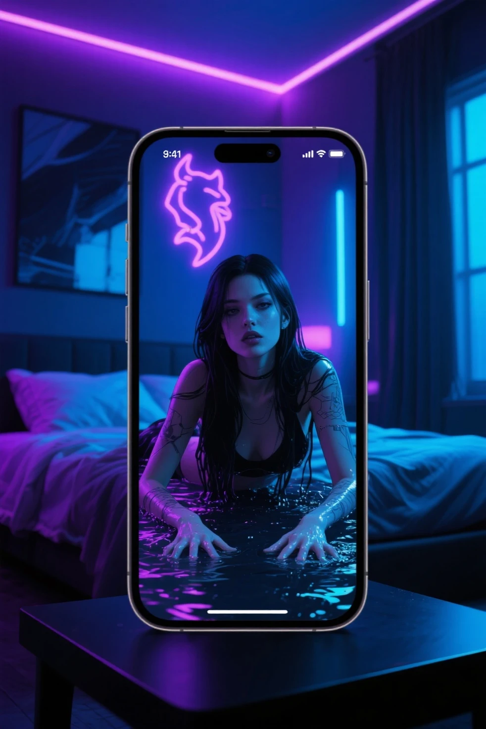 (masterpiece:1.2), (best quality,:1.2), 8K, HDR, Extremely detailed, ((Reality)), A mobile phone,Mobile interface,Inside is a sexy blonde in chains,A seductive smile,Sexy expression,Ambiguous warm light,There is an interface button below that says "START"
