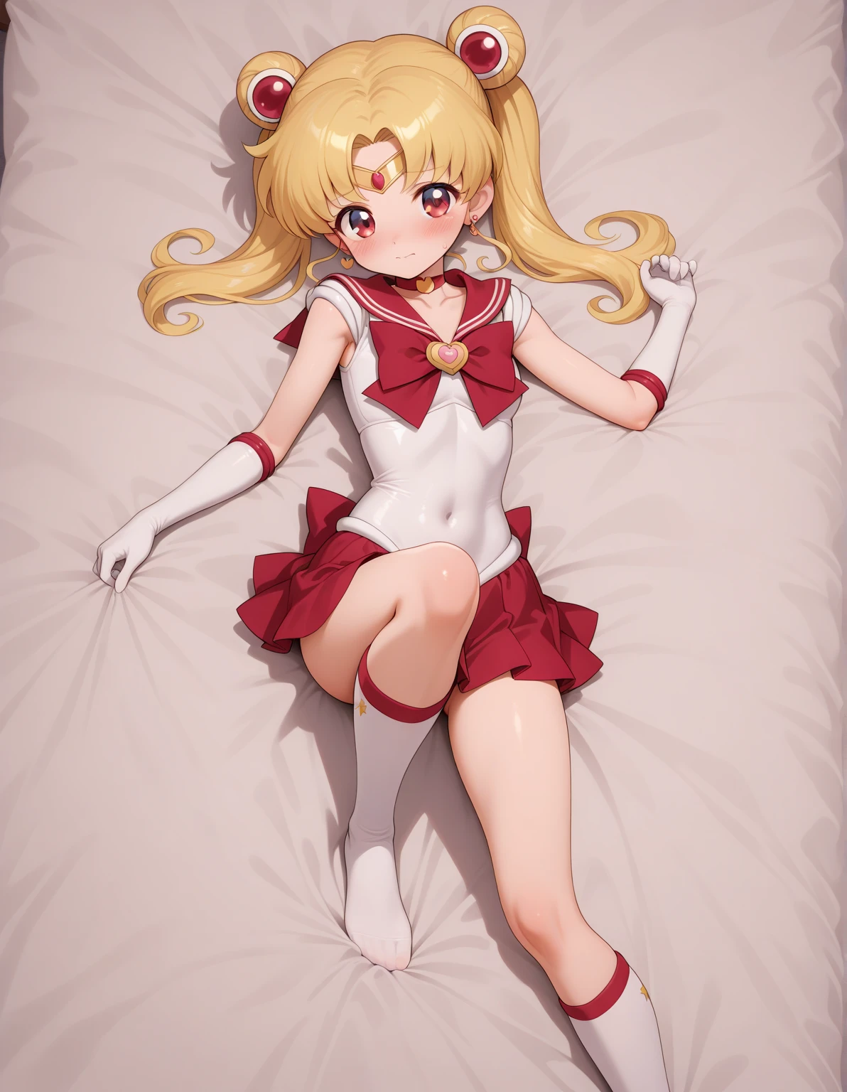 masterpiece, top quality, (1 person), (super sailor moon), (detailed face), face focus, white wall, (on bed), bright room, (embarrassed expression), white gloves, detailed eyes, detailed face, love hotel, colorful clothes, sailor warrior uniform, hair accessory, red ribbon, brooch, heart brooch, earrings, crescent moon, heart choker, heart, very long hair, ribbon on back, crescent moon earrings, tiara, yellow choker, boots, knee boots, red footwear, top quality, high resolution, (shape: 0.8), (detailed and beautiful eyes: 1.3), (highly detailed face: 1.3), meticulously created CG, (perfect hands, perfect anatomy) masturbation, squirting, nsfw, (penis pulled out of vagina: 1.3), (defloration: 1.3), (blood: 1.3), (fully exposed vagina: 1.3), (perfect pussy: 1.3), (fully exposed pussy: 1.3), (spread legs: 1.3), (Big rolled up skirt: 1.3), (Sailor Moon R), (Super Sailor Moon), (Masturbation) (Perfect pussy), (One girl),