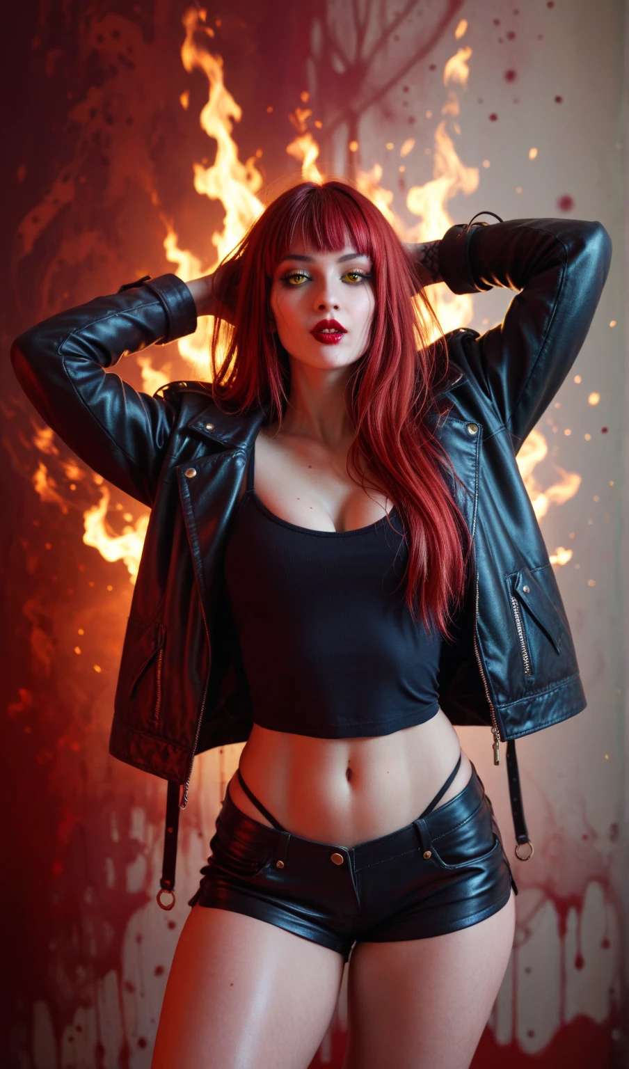 (altamente qualidade, obra de arte, detalhado), burning city detalhado scenario, burning city detalhado background, jeans cinza, cinto, jaqueta de couro vermelha, Descompactar, camisa preta, luvas, Phoenix symbol on chest, red leather pants, sitting on top of a building, umbigo, rosto perfeito, Olhos lindos, Olhando para o visualizador, pose sexy