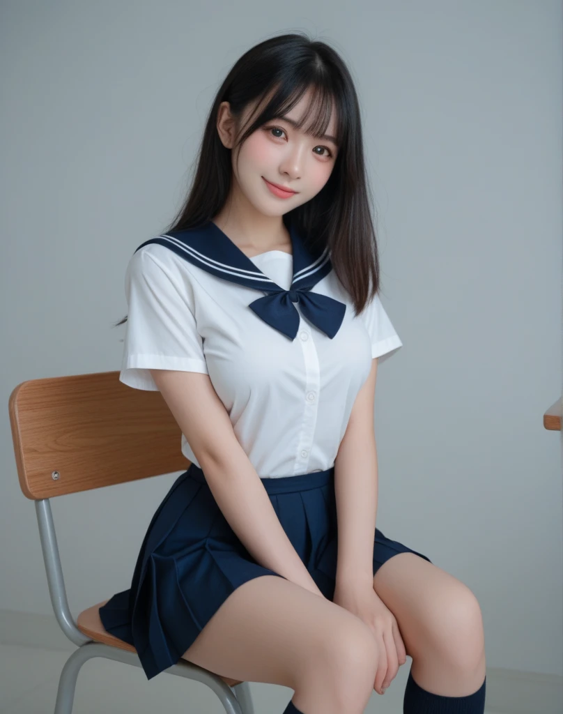 ((highest quality、8k、masterpiece:1.3)),((((cowboy shot)))),Ultra-high resolution,big eyes,Japanese,bangs,(a girl),(1 girl),((20 years old)),grin,((facing at viewer)),(long hair),(((black sailor uniform))),((sitting on chair)),(pleated mini skirt),(((pussy))),((pubic hair)),((skirt lift)),((short crew socks))