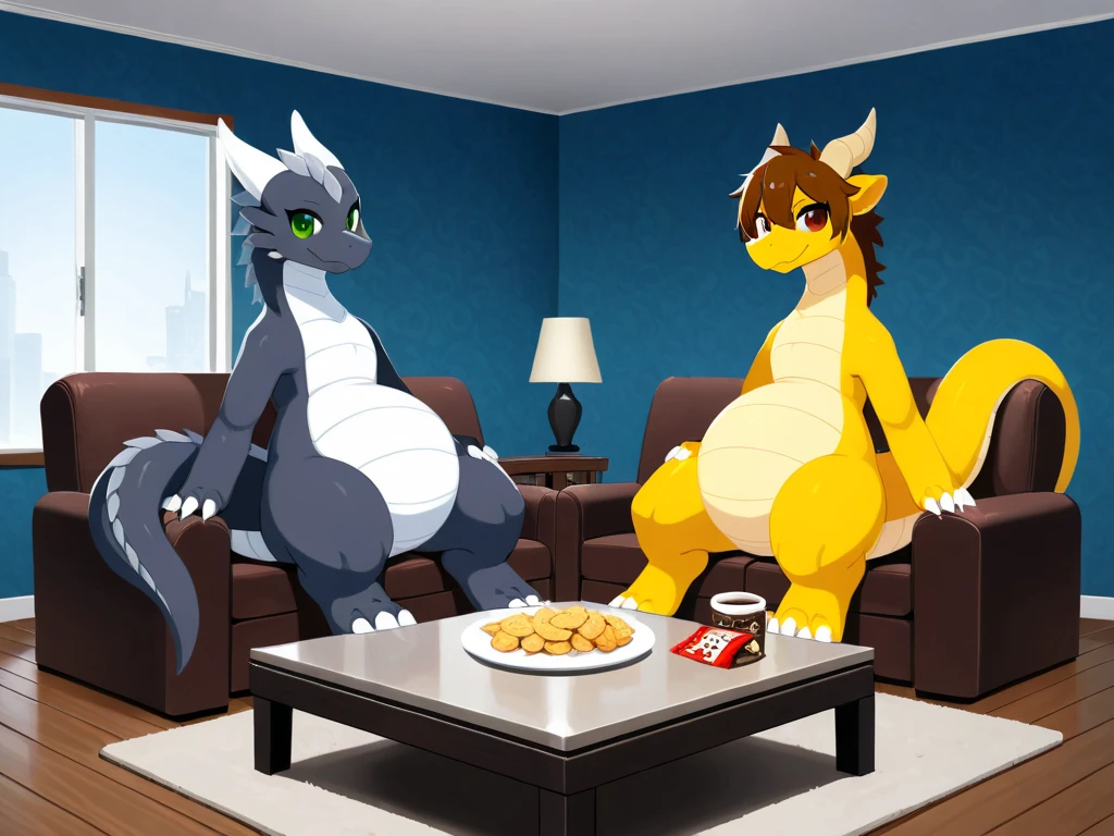 {High Quality}{HD}{Detailed eyes}{Detailed art}a couple of kids and their dad immediately after a classic all-out Thanksgiving dinner (or maybe even multiple dinners at different relatives' houses given how big they are! ) watching some TV together as their big fat bellies begin to digest the insane amount of food they all ate