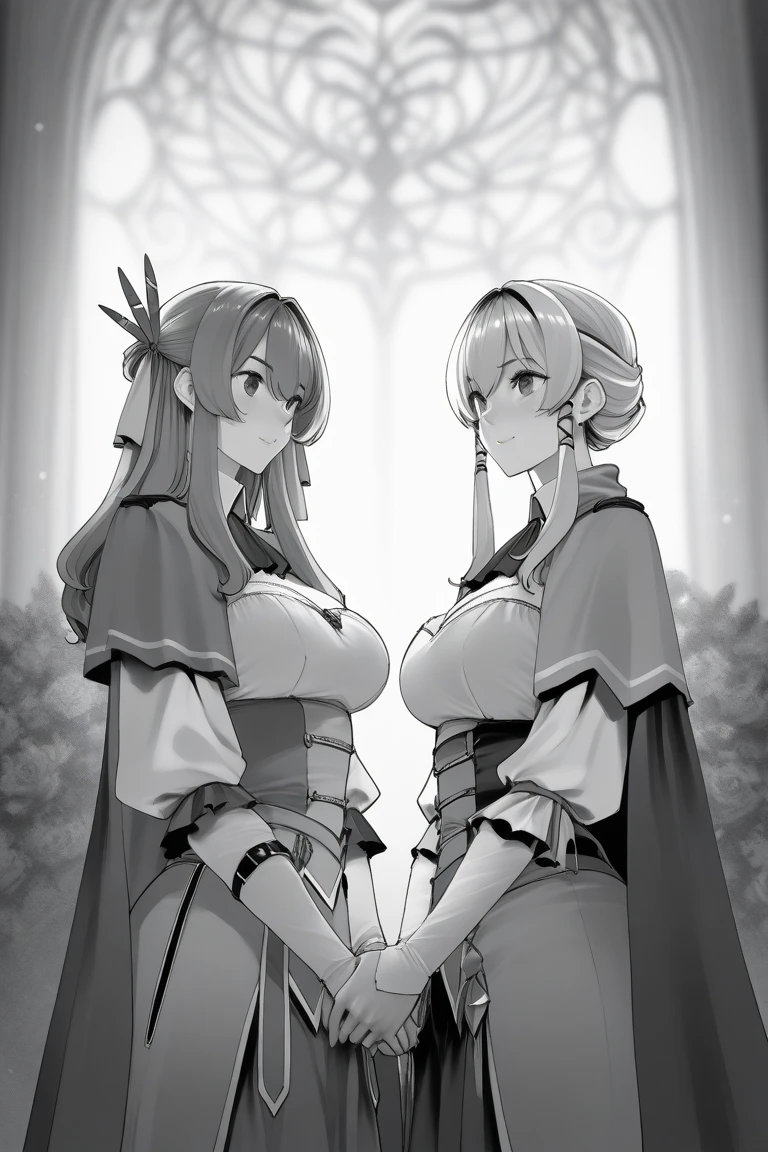 akushizu style, 2girls, (aligned:1.2), (confrontation), (looking at viewer), (golden), jewelry, gorgeous, splendid, luxurious, aristocrat, noble, arrogant, goddess, queen, curly hair, forehead, embroidery, white satin dress and gloves and cape, gleaming skin, face focus, 