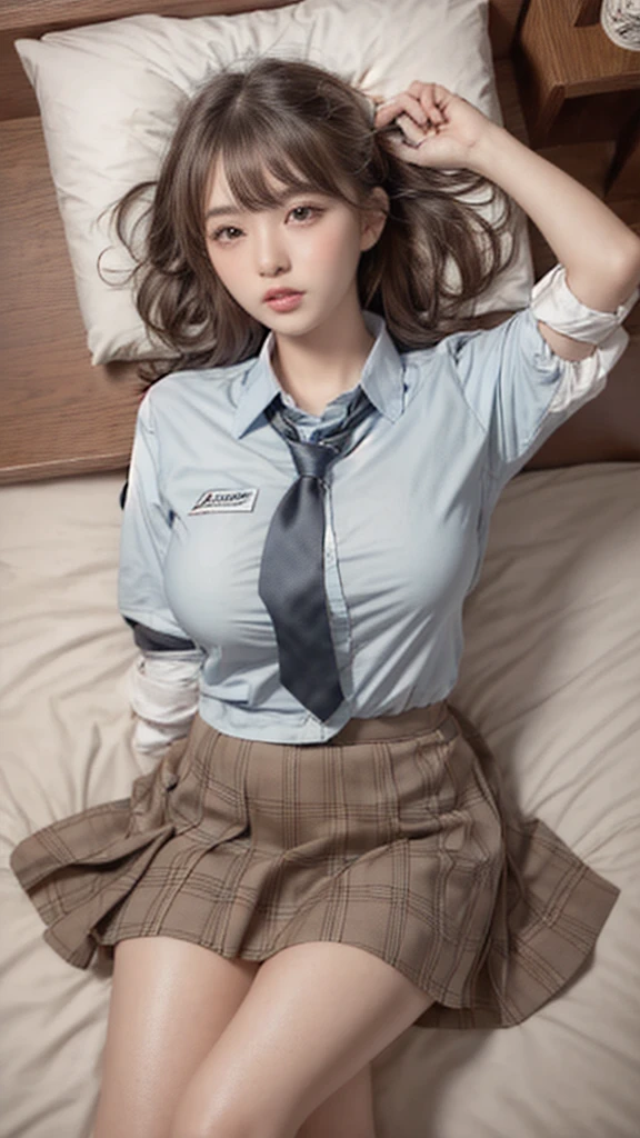 Sleeping Girl, 20 years old, Realistic,Wearing a stewardess uniform,Open legs, Expressions of satisfaction and relief, Brown hair. Pink bed theme and some cute stuffed animals on the bed,An ultra-high picture quality,high-detail,Get up,