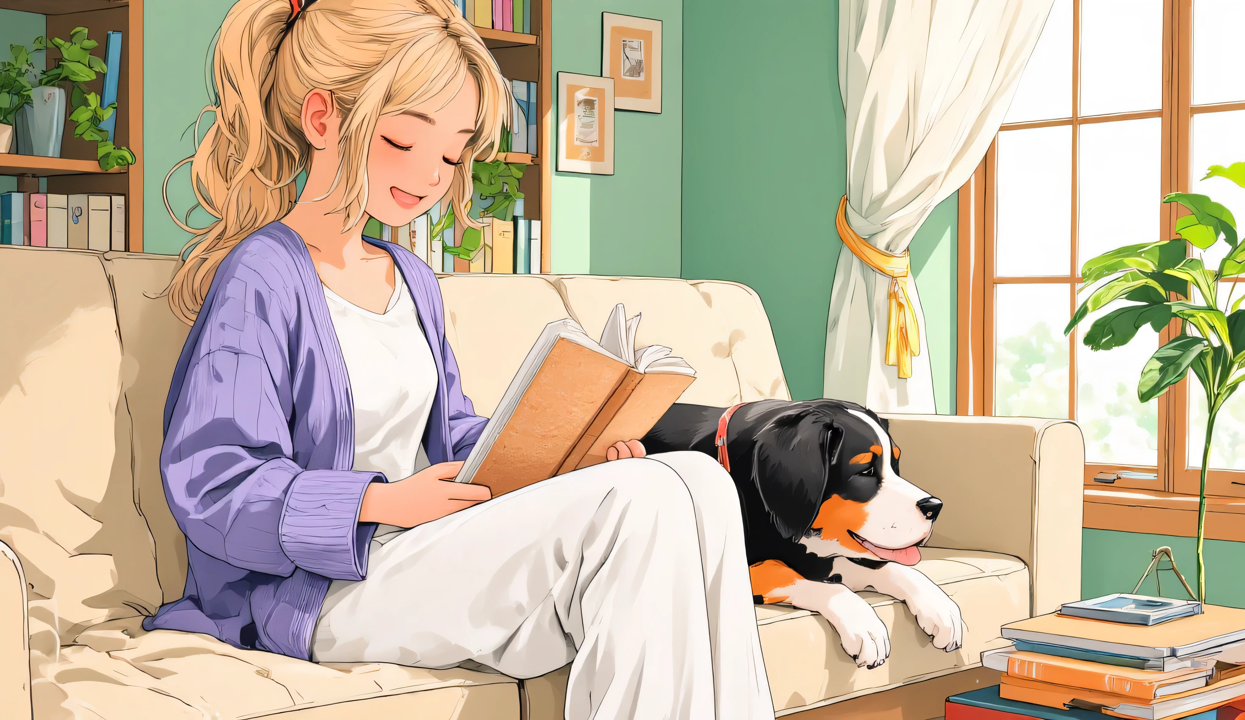 Anime-style illustration, mid-closeup of a cheerful 25-year-old blonde woman with a messed half-up ponytail, sitting on a long modern beige sofa with relaxed posture. She wears a lavender knit cardigan over a white shirt and soft cotton lounge pants. Her expression is joyful — big smile with eyes closed as she happily reads a book in her hands. Next to her, a full-sized Bernese Mountain Dog (black, white, and brown fur, red collar) sleeps peacefully, head resting near her thigh, with tongue slightly out and eyes closed in a content smile. Background: soft mint green (#b9fbc0) modern Korean-style living room with wooden bookshelves, a potted plant, pastel curtains, and warm daylight from a side window. Cozy lo-fi anime style, no text.