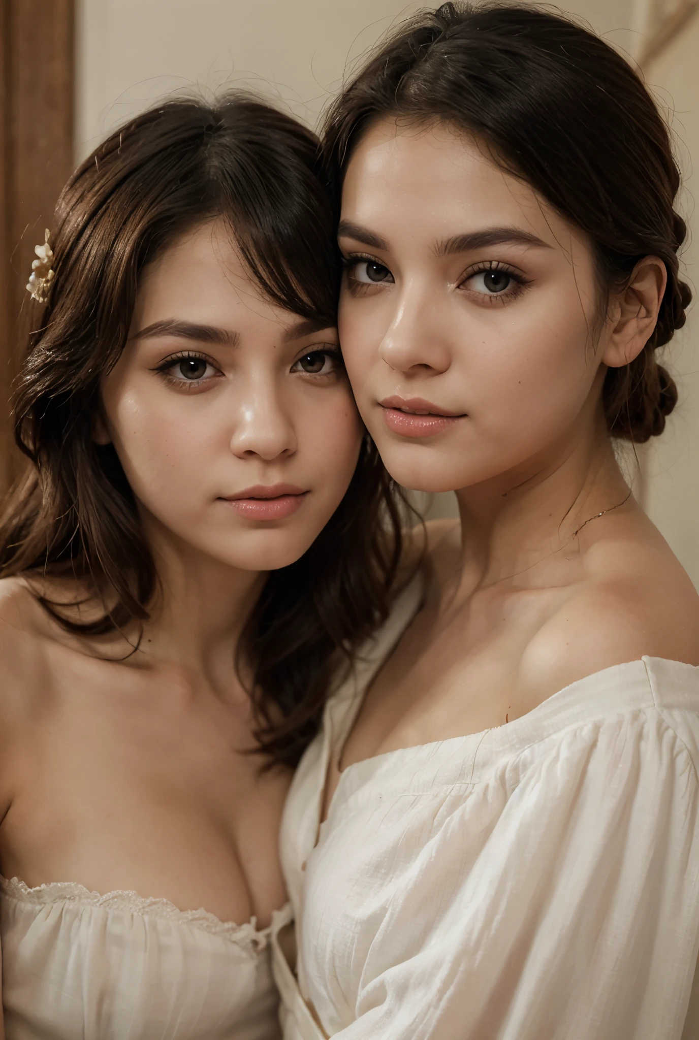 masterpiece, expressive eyes, photo, miley cyrus and bryce dallas howard in one person, topless, teenage girl, dress in baroque style, golden ornaments, ultra detailed face, tattoos of baroque ornaments with little diamonds, jewelry, very detailed background, full body, lot of ornaments, candle light, ultra realistic, realistic faces, diadem, ultra realistic skin, lying on bed, lesbian, having sex,