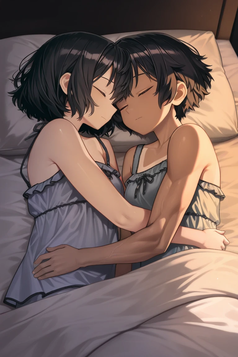 people々 girl,Breast Matching,[small(3) chest,Brown Hair,dark,Fluffy Hairstyles,],Medium Hair,[Chubby face],Plump face,on stage,Frowning,Starring each other,lingerie,Face to face,[flat(3) chest,dark blue hair,Purple eyes,Fluffy Hairstyles,]Looking at each other,chestの豊chest,Torn clothes,mouth half open,scramble,Half-close your eyes,topless,lie,Oily,Sweaty,Mounting location,little angry,Tau Pose,chestを掴む,close your eyes,Sucking nipples,Sleep on your back