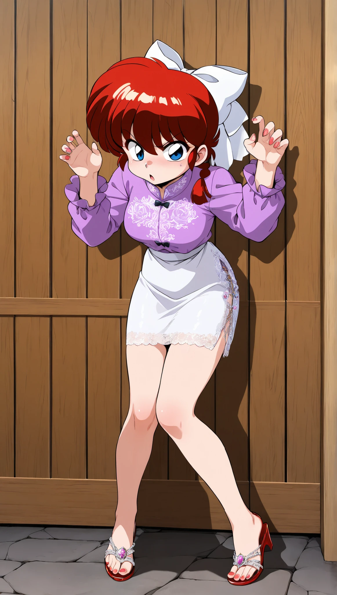 Ranma Saotome, wearing a white miniskirt with pink lace and a violet long-sleeved blouse, has a flushed face and an expression of naughtiness and wit. She is naughty, She is standing, wearing red high-heeled sandals, for the background of the image an old and worn wooden wall. (maximum quality, 4K, 8K, high resolution, masterpiece: 1.2), super detailed, intricate details, haute couture, detailed hands and feet, well-groomed and detailed nails.