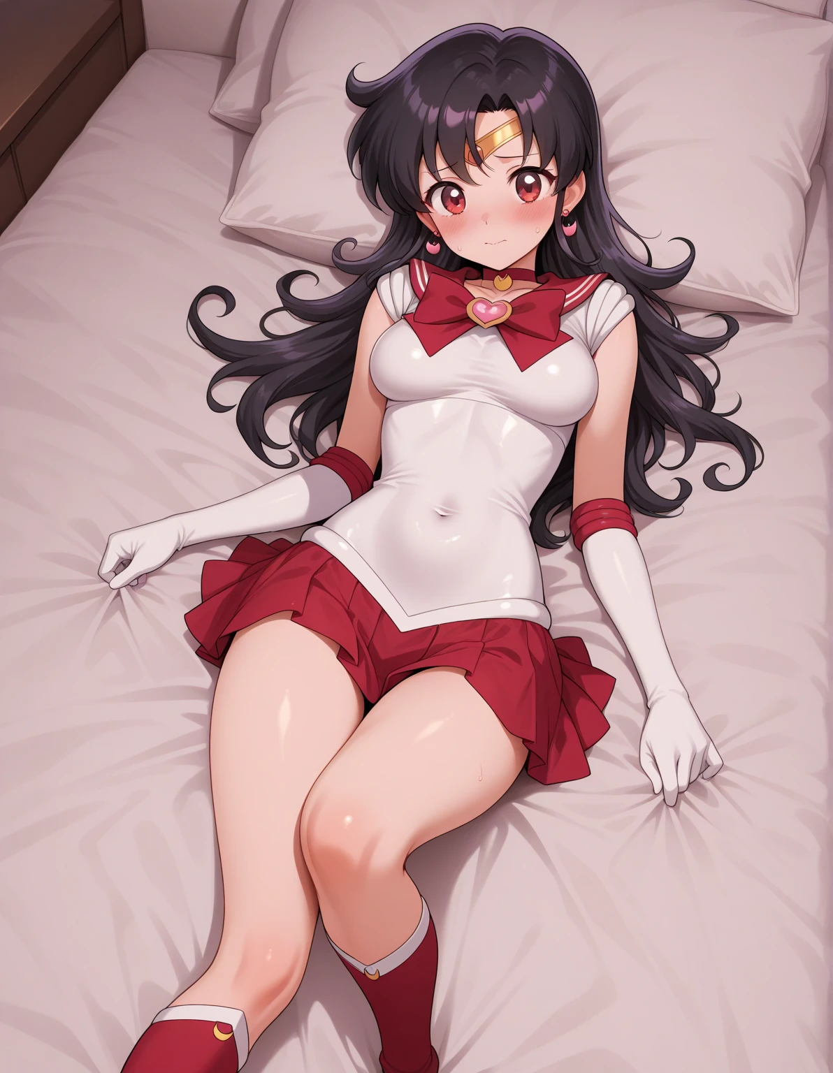 (((Sailor Mars))), Black long hair, Red elbow pads　White long gloves, (Sailor Warriors　Sailor Warriorsのコスチューム:1.47), (The leotard is white:1.7), Red collar, Sailor suit chest ribbon, The thin fabric of the outfit clings to the skin, 1Female junior high school students, (blush), ((Slender figure　Beautiful Skin)), Highest quality, High resolution, masterpiece, (Beautiful vagina　Beautiful clitoris), (With a 30-year-old black mafia man, penis:1.4), Complete limbs, (Mating press:1.2), ((((penis enters vagina)))), (Beautiful crotch), A beautiful girl spreads her legs., ((Binding, Restrained by rope:1.4)), Sailor Warriors fuck a guy fully clothed, (((Very cute small face)))