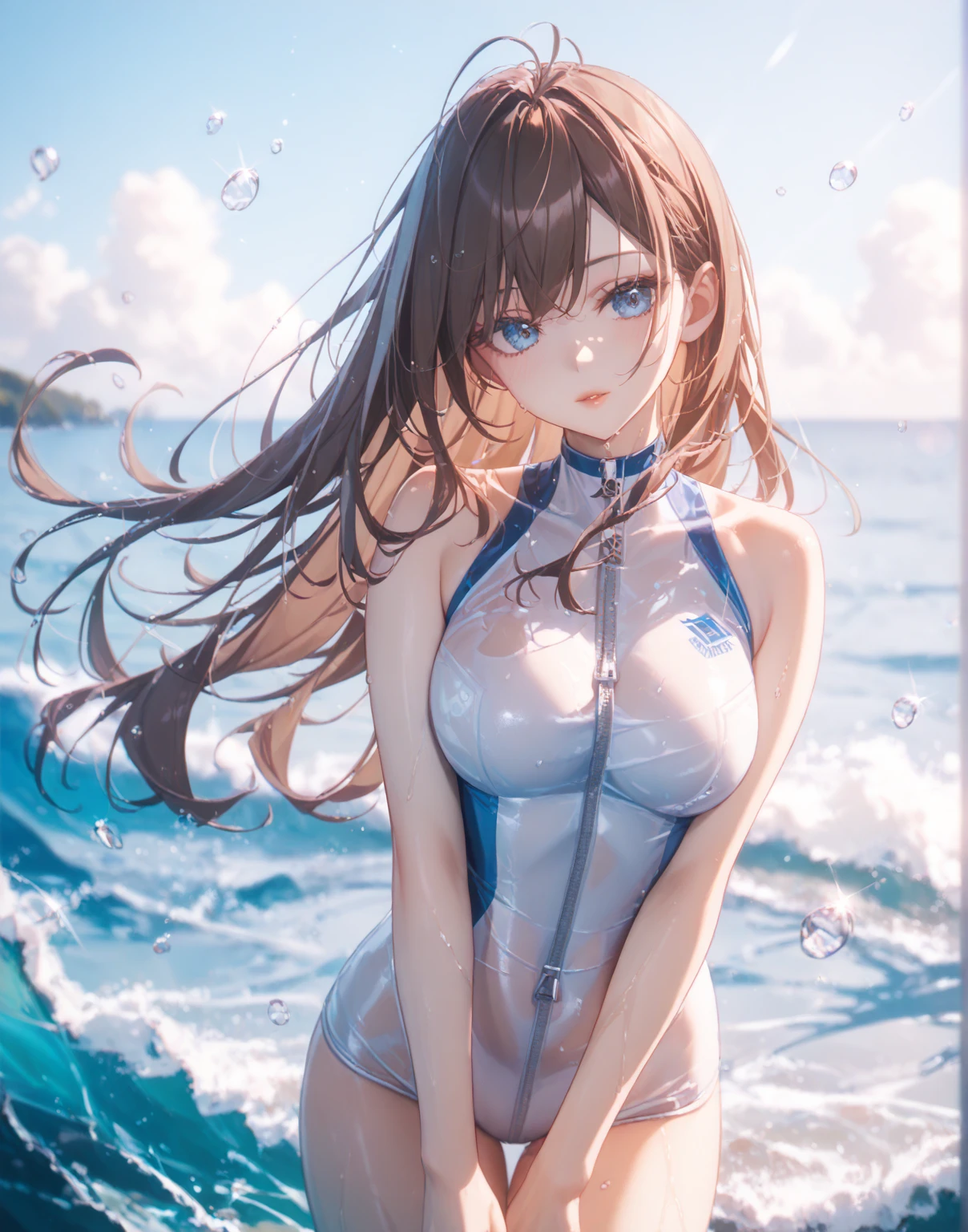((masterpiece, best quality)), Epic battlefield atmosphere,Delicate face,Loli,Wheat skin,seaside,Beach,whole body,Standing picture,glowing eyes,Large Breasts,Perfect body proportions,Pure white background,firefly,Transparent sex bikini
