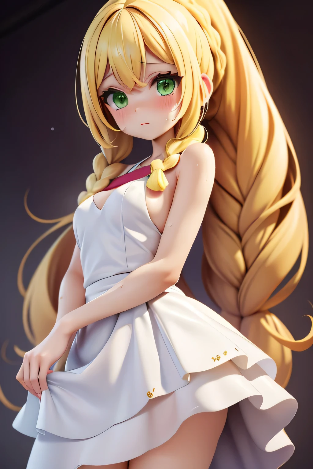 perfect anatomy　Highest Quality, highest resolution,(((shiny white dress　shiny blonde　long hair　braids　 green eyes　Shiny Skin　sweat)))　Lillie　flat breast　girl