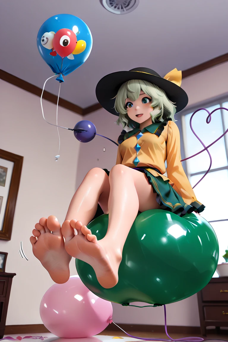 4k, 1toddler, solo, shiny skin, short hair, wolfcut, wavy hair, light green hair, large eyes, (flat chest), ((infantile build)), sitting, (((spread legs))), ((spread pussy own fingers)), (hand crotch), looking at down, ahegao, (blush), wearing one-piece dress, white dress, sleeveless dress, pointy nipples, white sandals, straw hat, sweat, Clothes soaked in sweat and transparent, Clothes are transparent and nipples are visible, blue sky, sunflower field, from below,