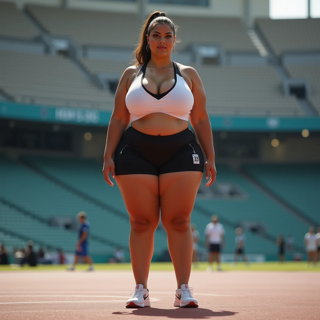 beautiful woman, very similar to Angela White (28 years old, good skin, good eyes, nice smile (sexy mouth), good teeth, good hair, huge breasts ((uniformity, good anatomy, hyperreal, photorealistic, real textures)) wearing women's clothes, clothes sportswear, clothing (top, red bloomers ((inspired by JAV movies)) practicing pole vaulting on athletics track, intense blue sky ((natural lighting, warm colors, sunny day, deep shadows, deep blacks, equalized exposure)), Canon EOS R7 quality Agfa film,  RAW, HDR, analog photo, high granularity, sharp focus, high contrast, vivid colors, UHD) POV (full photo, full body, pose model)