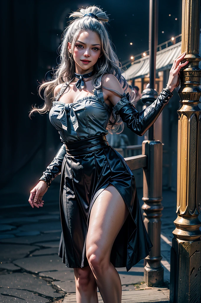 Full Body Fishnet Stockings, masterpiece, a high resolution, ultra-detailed, High quality, Gorgeous girl, big breasts big ass, Slim waist, short flowing skirt, Short top, stockings with hangers, white long hair, cosplay, city, rain, all wet, wet,