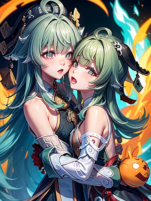 masterpiece, Two Girls, Being sandwiched between two girls, White Chrysanthemum(fatal frame: Maiden of Black Water), Highest quality, Beautiful attention to detail, Perfect Face, Beautifully detailed face, View your audience, Disheveled clothing, Half-naked, Very detailed, Yellow Eyes, Long Hair, Gray Hair, Double licking, Double licking my nipple, (Double Licking nipple and Handjob:1.5), Half-nakedの着物, Large areola, Grin, Please open your mouth wide, Erotic tongue, Charm, Sweaty, Sexy lips, front, First-person view, Blowjob, Small breasts,