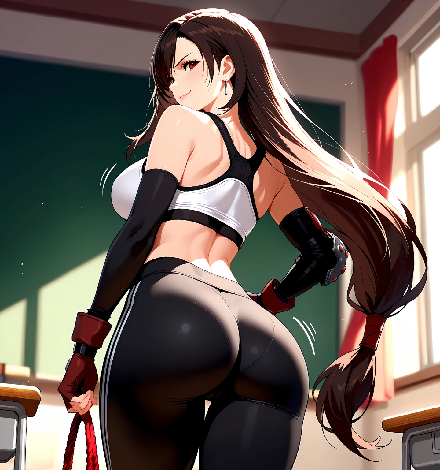 Koyomi Mizuhara, brown hair, long hair, glasses, nose, white gym shirt, red tight biker shorts/Whote thong over shorts, black high socks, shoes, medium breasts, wallpaper, luscious lips, curvy waistline, back view pose, standing, looking back, 90’s photo