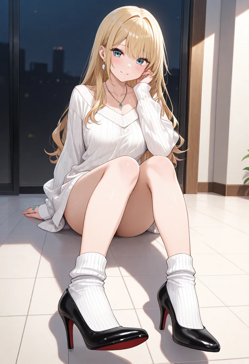 (masterpiece、Highest quality)、High resolution、Detailed face:1.2、anime(1.2)、Sharpness、4K、Private room、Sitting in an easy chair、15 years old、Two-dimensional beautiful girl、T-Shirts、Thigh-high stockings、Shorts、White skin、cute、Big Breasts、tits、sole、Thick thighs、