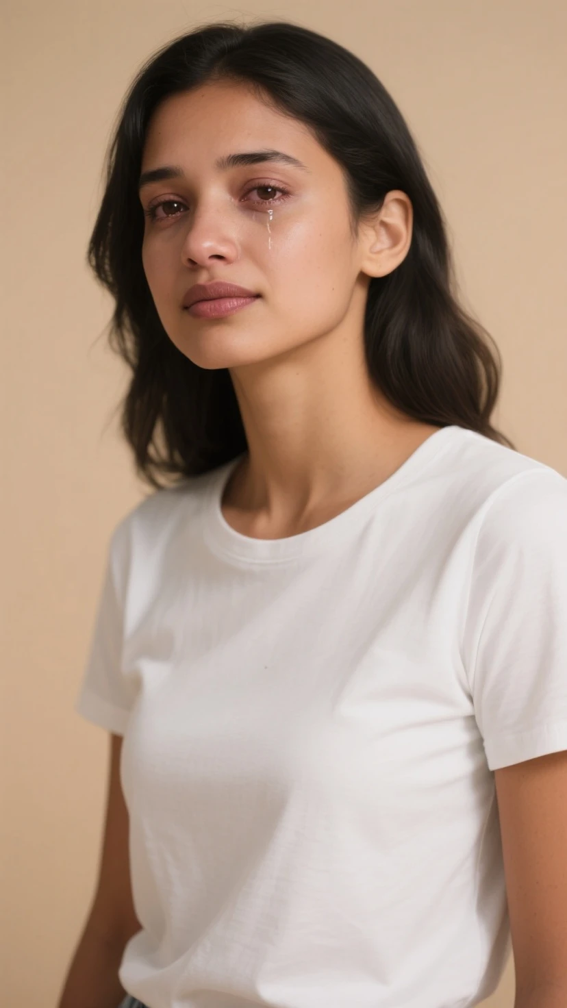 sfw, a closeup shot photo of izabel-otc,(neutral grey background:1.3), neutral facial expression, white shirt
