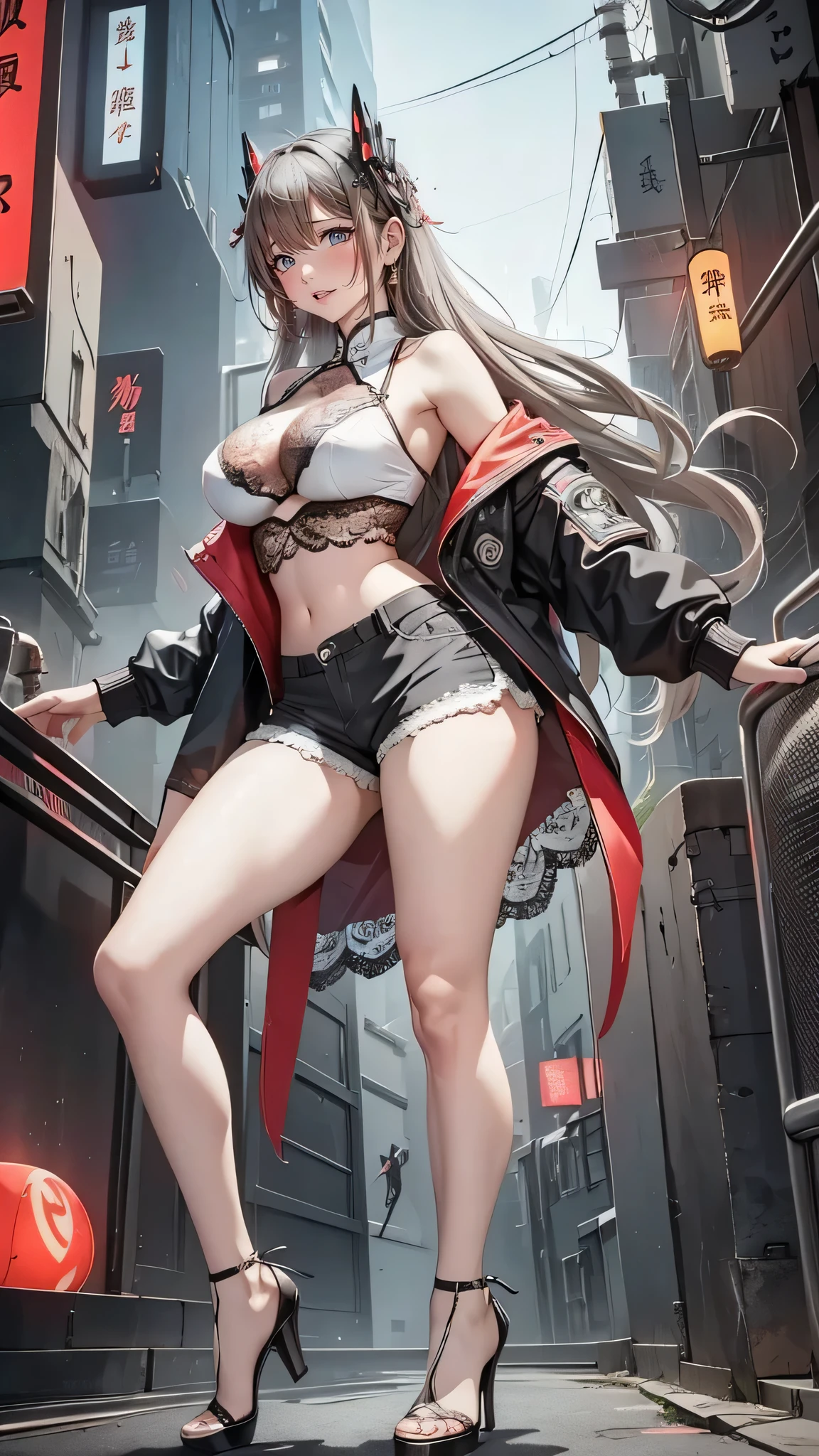 (Raw photo, Best Quality, masutepiece:1.2), (Realistic, Photorealsitic:1.4),(masutepiece:1.4),(Best Quality:1.4),1girl in, Solo, animal ear headphones, Animal ears, Arms up, Bangs, blush, body suit, Bunny Pose, clothes writing, Covered navel, Cowboy Shot, Cropped jacket, Fake animal ears, gloves, plein air,morning, Hair intake, headphones, 不可能なbody suit, Impossible clothes, Jacket, huge tit, Large huge tit, Latex, Latex bodysuit, Long hair, Long sleeves, Looking at Viewer, Large, Multicolored gloves, Open mouth, ピンクbody suit, Pink eyes, Red Eyes, Black jacket, clothes shiny, Shrug \(Clothing\), side locks, Skin Tight, Smile, Twin-tailed, Very long hair, White Gloves, White hair,Alice \(nikke\),(Shiny skin),Realistic, beautifull hands:1.3, Leaning on the camera, Dark industrial background, Bokeh,