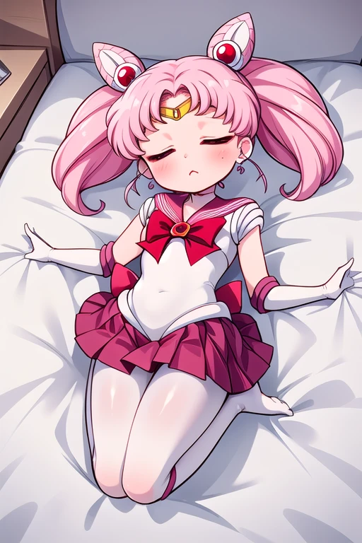 high quality，Solitary，Sailor Moon，young年，Big Head，cute，Metal hairpins，（little girl），（Little Loli），Pink Hair，short hair，（Red hairpin），（Double tail），Sailor Suit，Red bow，White elbow gloves，Red Skirt，(White pantyhose:1.5)，(young)，(Small)，（小Short legs）（No shoes），（sleep:1.5），（Short calves:2.0），（Short legs:1.6），（Thick white tights:1.5） ，（The body is petite:2.0），（White bed），（Little Feet），（Curl up），（Lying in bed:1.5），（Lie on your side:1.5），（turn over:1.6），（Q Cute）