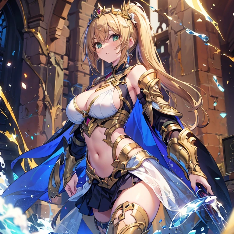 Very detailed、highest quality、(Best image quality:1.5)、(masterpiece:1.5)、8k、Anime Face、A kind smile、Open Mouth、(Beautiful bright blue eyes:1.5)、(Blonde wavy hair:1.5)、Muscles of the whole body、Thigh belt、(Wearing gold bikini armor:1.5)、(Cowboy Shot:1.6)、(Wearing a helmet:1.5)、(Holding a spear:1.5)、Warm lighting