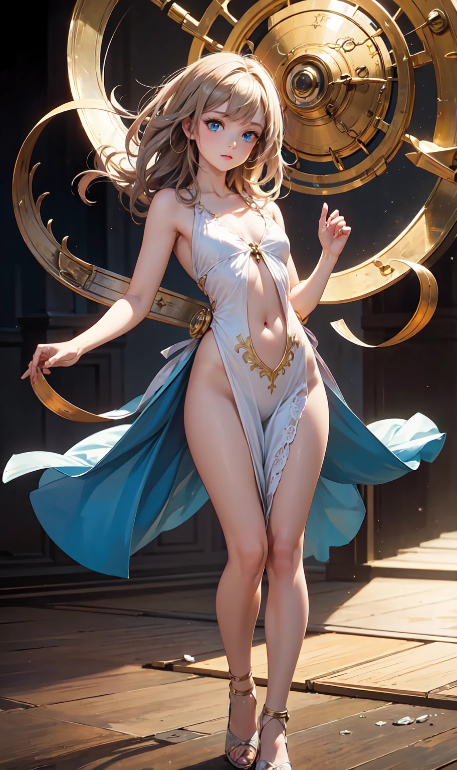 Onstage, a ballet dancer gracefully enters the arabesque position. She wears a pure white leotard, intricately designed to showcase her elegant physique. The white leotard adorned with flowers and ribbons clings tightly to her body, retaining flexibility in her movements. As she lifts her right arm, the left one sways gently, creating elegant curves reminiscent of a Van Gogh painting. Soft white ribbons are tied around her neck, fluttering like feathers as she turns. Her toes delicately touch the ground, resembling floating petals. In the arabesque position, her posture blends strength and grace, each movement a poetic masterpiece. The white leotard sparkles under the stage lights, complementing her perfect form and dance skill, creating a captivating ballet tableau.