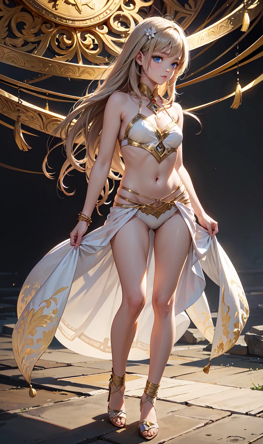 tmasterpiece,Highest image quality,Noble Western dancing beauty with barefoot figure,Sophisticated black and blonde hairstyle,A dazzling array of exquisite jewelry A dazzling array of exquisite jewelry,Bikini costume,Ultra-detailed details,advanced。At the Pixiv Art Station,Break your own power,,The kinky is exposed,R-18G