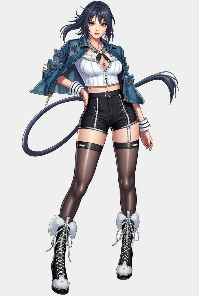 ((Angel from The King of Fighters)) Create a hyper-realistic anime-style illustration of Angel from The King of Fighters in an urban setting. Depict her with shoulder-length silver hair, striking blue eyes, and a playful expression. Dress her in a black leather crop jacket, unzipped to reveal a matching top underneath. Add fingerless gloves and her signature blue pants with one leg cut off, exposing her thigh. Position Angel in a dynamic pose with arms raised, making playful hand gestures. Set the scene on a sunny city sidewalk with modern architecture in the background. Use strong lighting to highlight her toned physique and create contrast with shadows. Employ a detailed art style that blends photorealistic textures with anime aesthetics. Focus on intricate details like the leather texture, hair shine, and subtle muscle definition. Add depth with reflections on nearby surfaces and small environmental details like distant traffic signs or pedestrians. The overall composition should capture Angel's energetic and flirtatious personality while showcasing high-quality, cinematic rendering techniques.