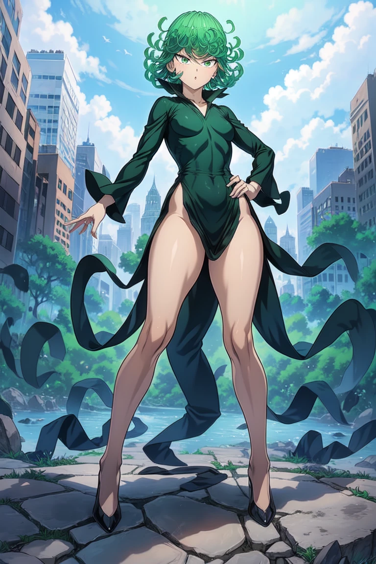Tatsumaki of a punch man, short green hair, green eyes, medium chest, full body view, wearing black V-neck dress with long sleeves and four high-cut leg slits, smiling, Standing in a destroyed city, dynamic pose , dynamic vision , hands on hips, legs muscular